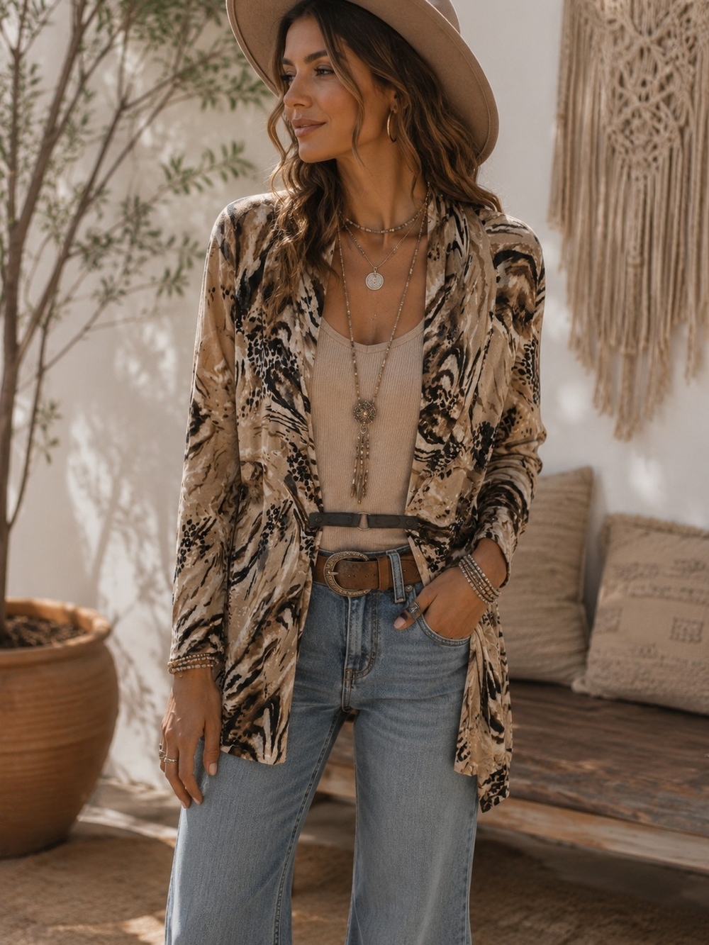 Relativity Women XL Tan Brown Animal Print Open Front Cardigan Cotton Sweater